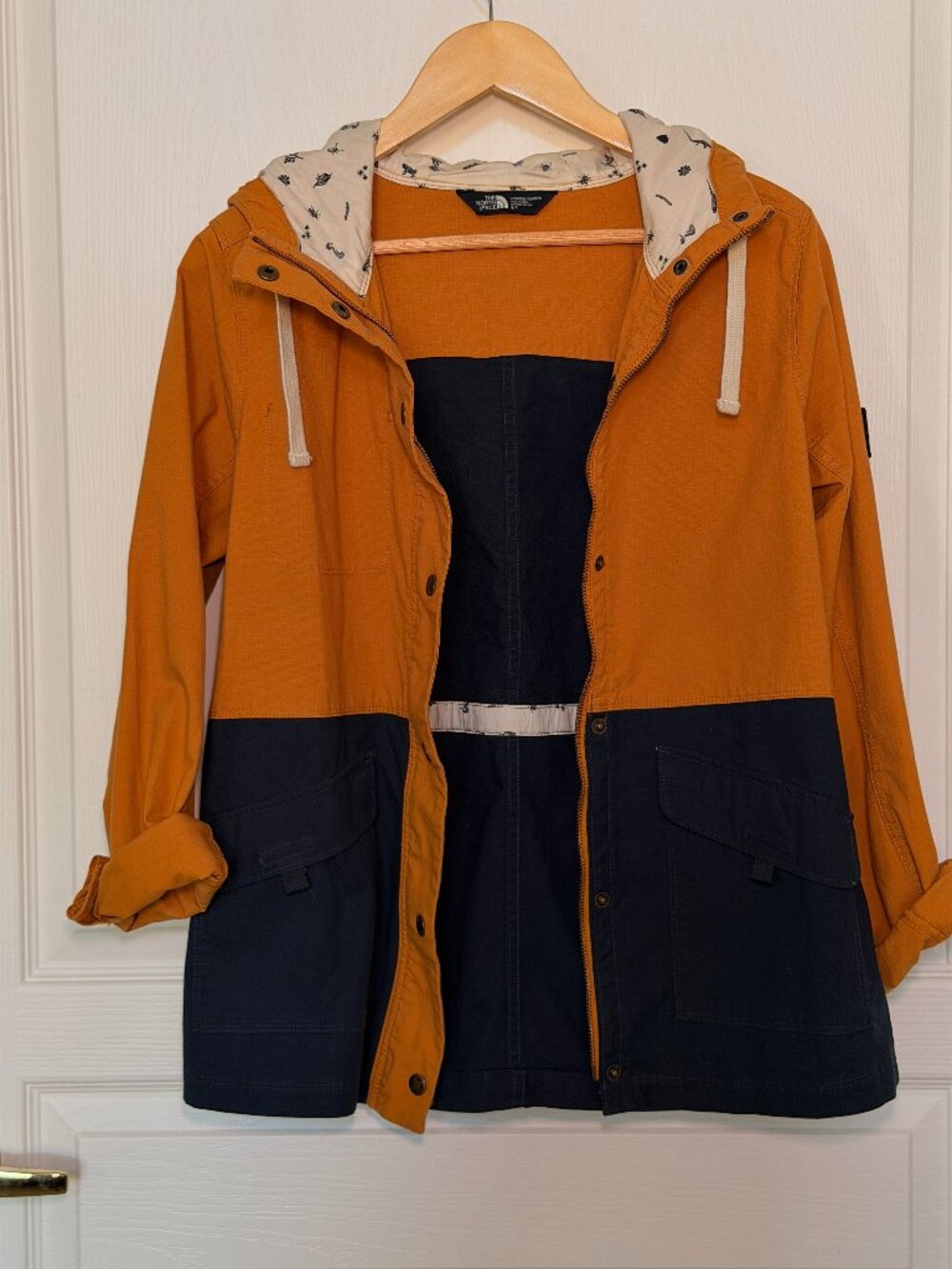 The North Face Colorblock Hooded Parka Jacket Mustard Yellow Navy Size S